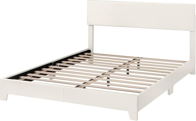 Allewie Queen Size Bed Frame with Adjustable Headboard, Faux Leather Platform Bed with Wood Slats, Heavy Duty Mattress Foundation, No Box Spring Needed, Noise-Free, Easy Assembly, White