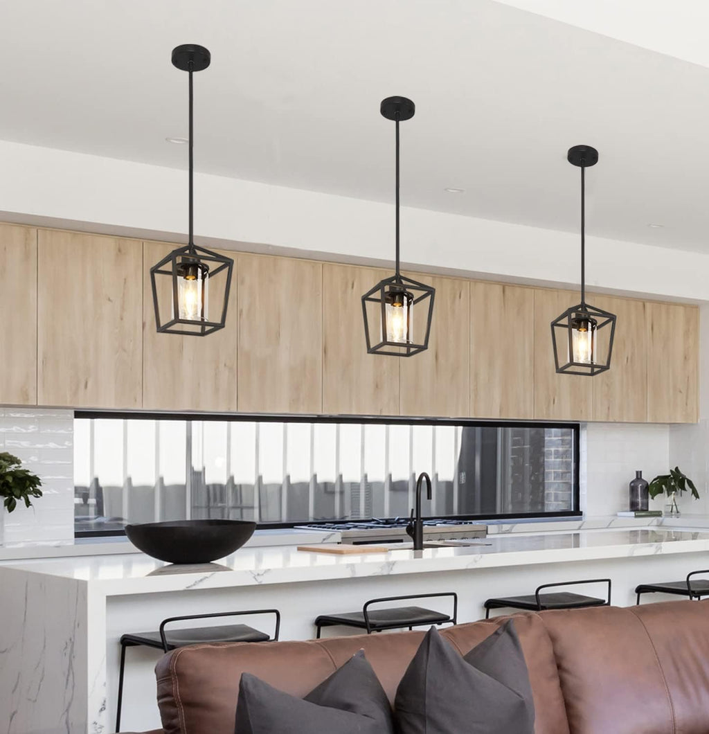 1 Pack Black Pendant Light Fixture Farmhouse Iron Cage Metal Pendant Light Lantern Hanging Light Fixtures with Clear Glass Shade for Kitchen Island, Dining Room, Hallway,Entryway1