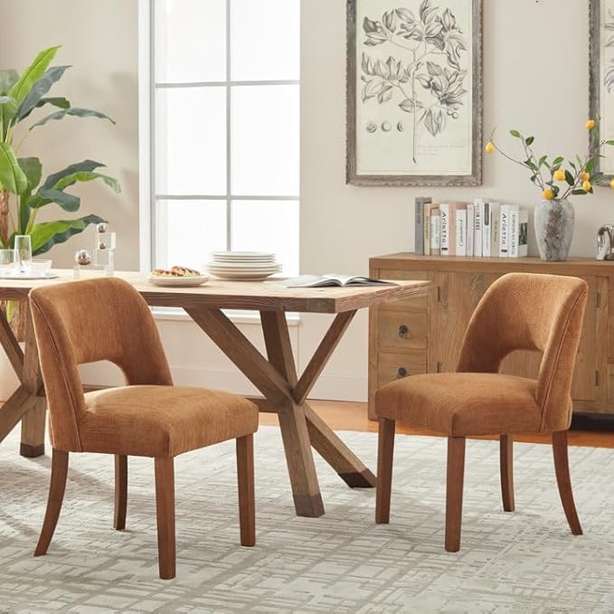 VKNOW Wooden Dining Chairs Set of 6, Modern Fabric Upholstered Dining Room Chair Kitchen Chairs, Farmhouse Dinner Chair for Kitchen Dining Room, Orange
