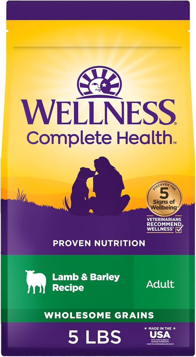 Wellness Complete Health Dry Dog Food with Grains, Natural Ingredients, Made in USA with Real Meat, All Breeds, For Adult Dogs (Lamb & Barley, 5-Pound Bag)