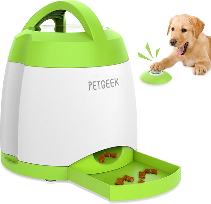 PETGEEK Automatic Dog Treat Dispenser with Button - Puzzle Memory Training Feeder, Pet Geek Button Treat Food Dispensing Toys Interactive, Iq Training Dog Feeder (Green)