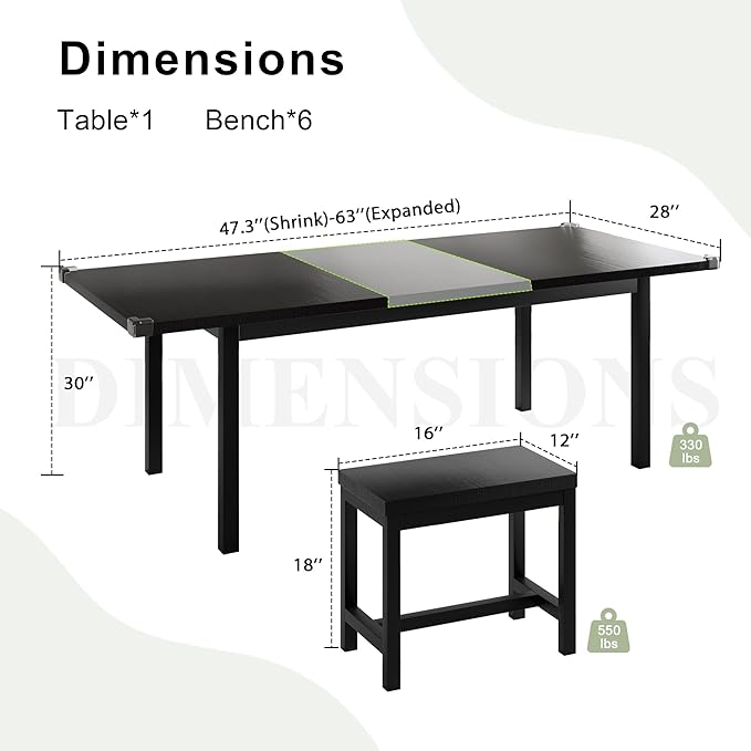 Feonase 7-Piece Dining Table Set with 6 Stools, 63" Large Extendable Kitchen Table Set for 4-8, Mid-Century Dining Room Table with Heavy-Duty Frame, Easy Assembly, Black