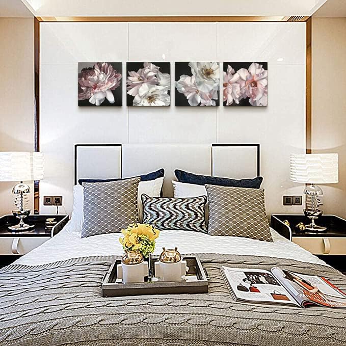 Yxbhhym Floral Canvas Wall Art White Flowers Wall Picturs Prints Pink Florals Artwork for Wall Décor Painting Poster for Bathroom Art Living Room Decor-Framed Wall Art -12x12inches x 4 pcs