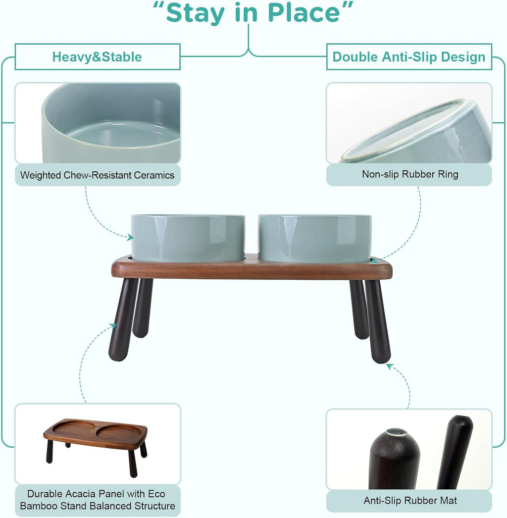 SPUNKYJUNKY Ceramic Elevated Dog Bowls Raised with Acacia Bamboo Wooden Stand, 6.1'' Dog Cat Food Water Bowls Set Non-Slip for Small Medium Sized Breed Microwave Dishwasher Safe - 28.7 OZ,Light Green