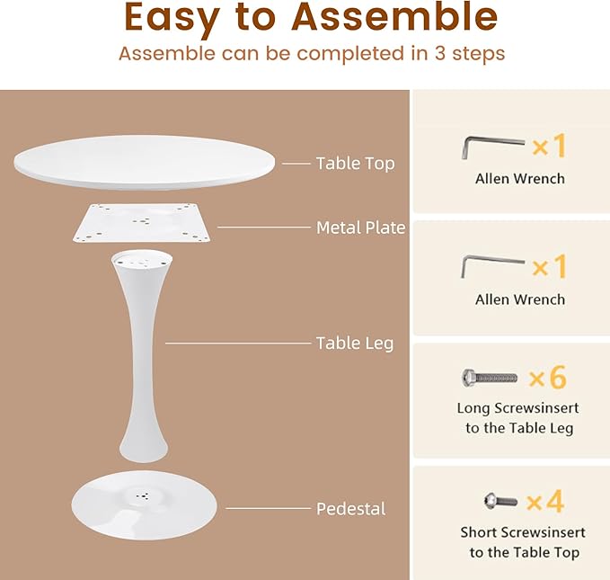 Round Dining Tulip Table for 2, Mid-Century Modern Table with Sturdy Metal Pedestal for Kitchen, Bistro, Cafe, Leisure (White, 24 INCH)