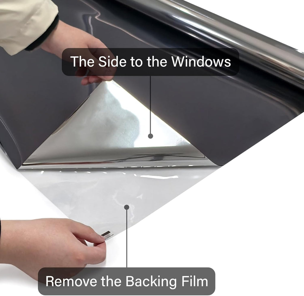 Kromapolis One Way Window Privacy Film Reflective Mirror Home Window Tint, Daytime Privacy Heat Control Anti UV Glass Tinting Static Cling (Black-Silver, 45.2 x 157.4 inch)