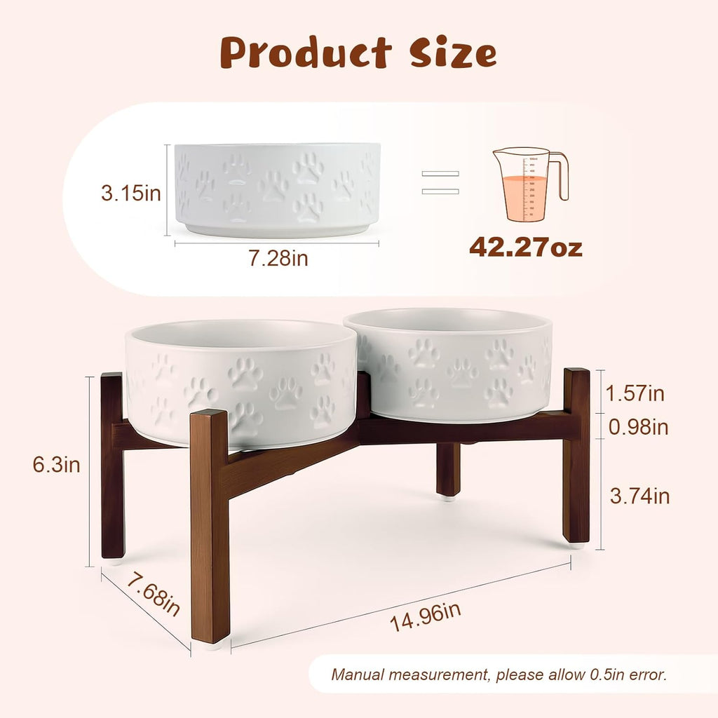 SPUNKYJUNKY Ceramic Elevated Dog Bowl Set with Acacia Wood Stand for Food and Water for Medium Dogs (42.27 OZ, White, Dog Paw Pattern)