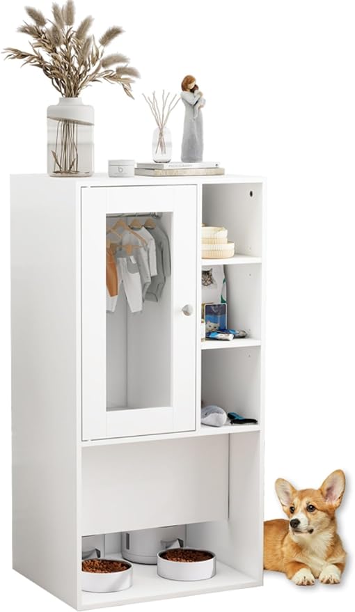YU YUSING Dog Feeding Station for Automatic Feeder, Dog & Cat Food Storage Cabinet with Hanging Rods, Adjustable Panel, Hidden Automatic Pet Feeder Station for Food and Pet Supplies