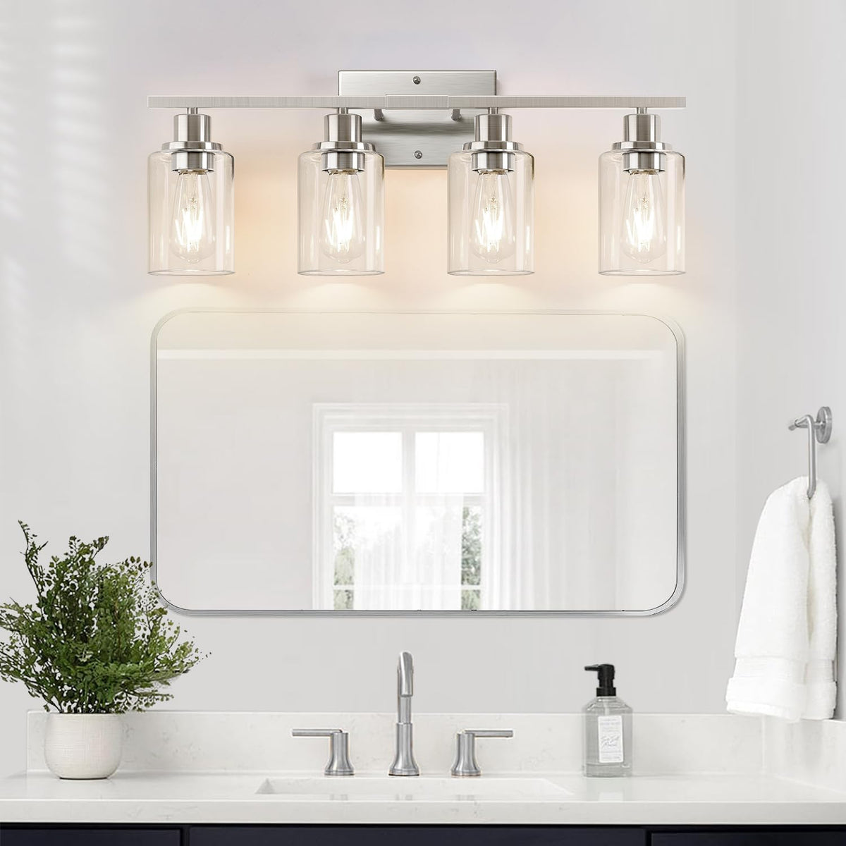 4-Light Bathroom Light Fixtures, Brushed Nickel Vanity Lights with Clear Glass Shades, Modern Bathroom Wall Lamp for Mirror Living Room Cabinet Bedroom Porch