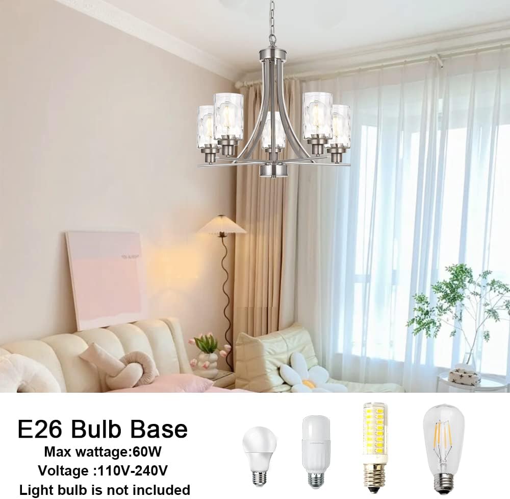 BONLICHT 5 Light Modern Chandeliers Brushed Nickel Kitchen Island Dining Room Lighting Fixtures Ceiling Hanging Clear Hammered Glass Pendant Lamp Transitional Pendant Lights for Living Room Foyer
