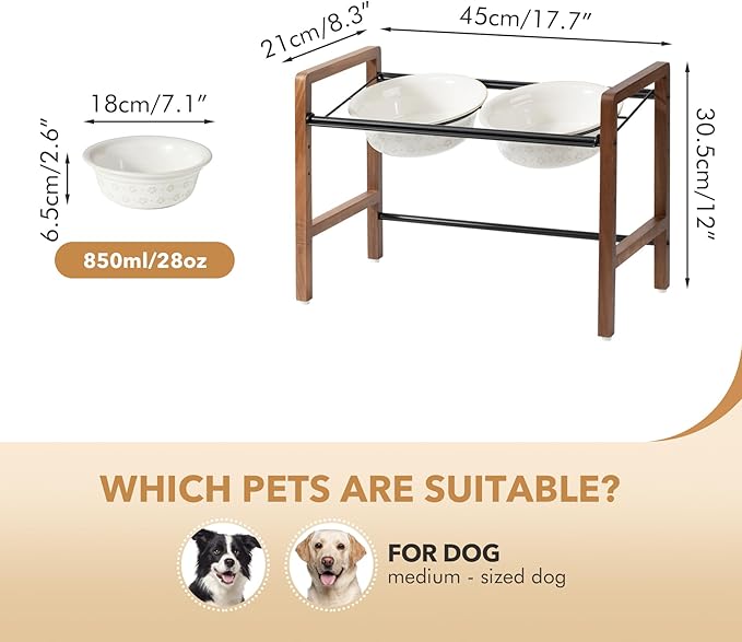 7.1inch Ceramic Adjustable Raised Double Bowls Set with Stand, 3 Heights Elevated, 2 Placement Options,Food and Water Bowls for Medium and Large Dog(Reactived Glaze -White)
