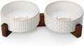 MALACASA Dog Bowl Set with Walnut Wood Stand, 3.5 Cups Ceramic Pet Bowls for Puppy Dogs, Dual Food and Water Bowls with Weighted Non-Slip Base, Basic Bowls for Your Dog or Cat, Rhombic & Polka Dots