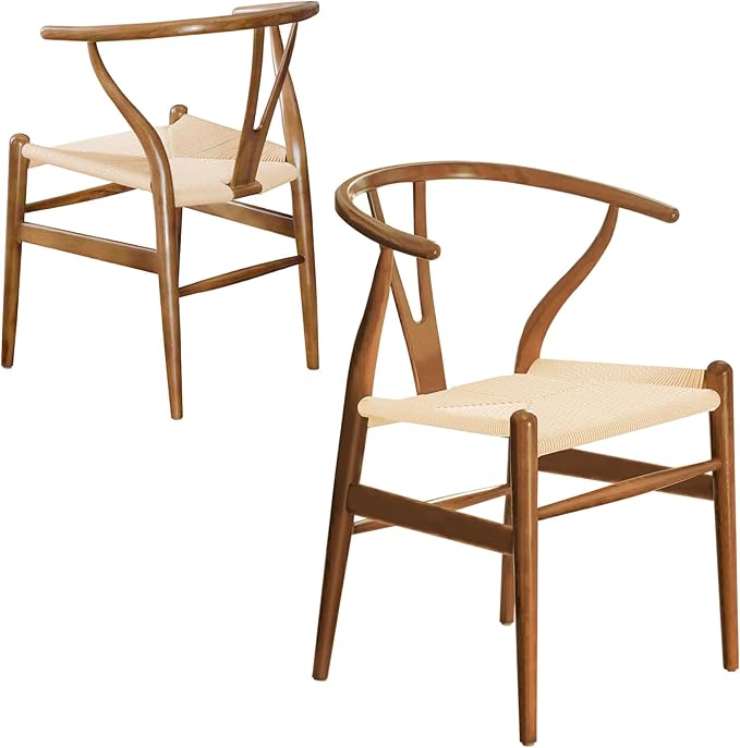 Wishbone Chair Natural Solid Wood Dining Chair/Hans Vegner Y Chair Rattan and Wood Accent Armrest Chairs (Ash Wood - Walnut)