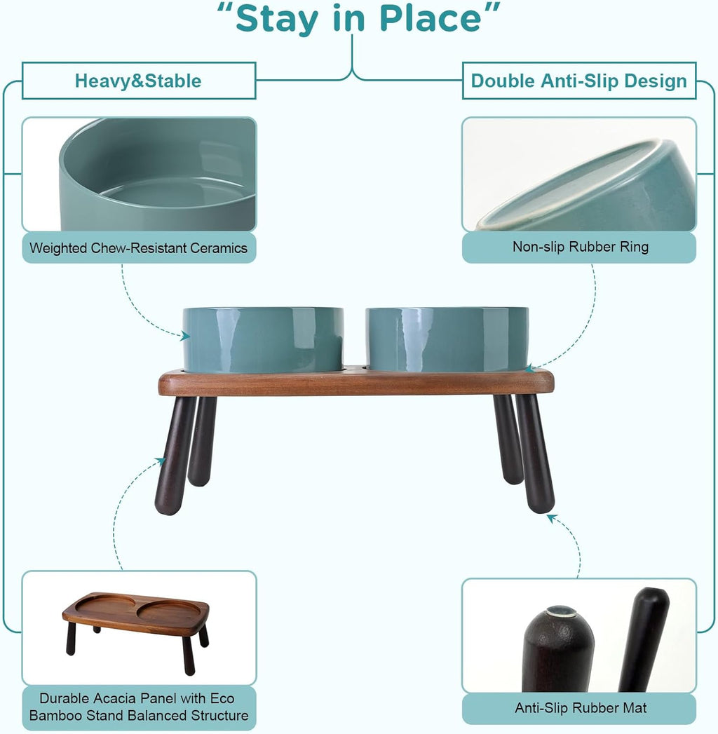 SPUNKYJUNKY Ceramic Elevated Dog Bowls Raised with Acacia Bamboo Wooden Stand, 6.1'' Dog Cat Food Water Bowls Set Non-Slip for Small Medium Sized Breed Microwave Dishwasher Safe - 28.7 OZ,Dark Green