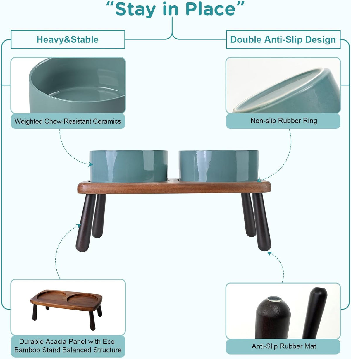 SPUNKYJUNKY Ceramic Elevated Dog Bowls Raised with Acacia Bamboo Wooden Stand, 6.1'' Dog Cat Food Water Bowls Set Non-Slip for Small Medium Sized Breed Microwave Dishwasher Safe - 28.7 OZ,Dark Green