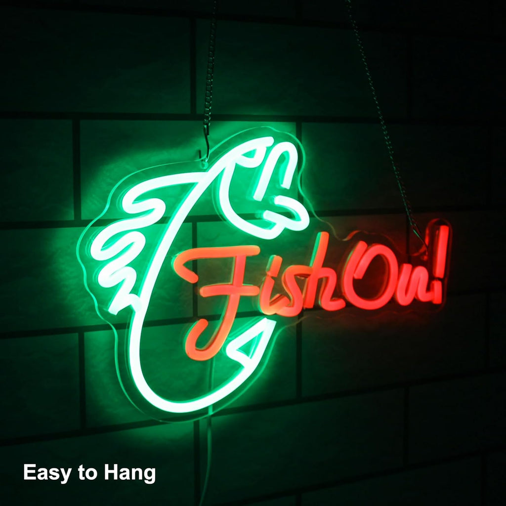 Fish On Neon Sign Go Fishing LED Signs for Wall Green Red Neon Light Dimmable Neon Lights Signs Fish Neon Light Up Sign for Bedroom Living Room Man Cave Yacht Decor Men Gifts