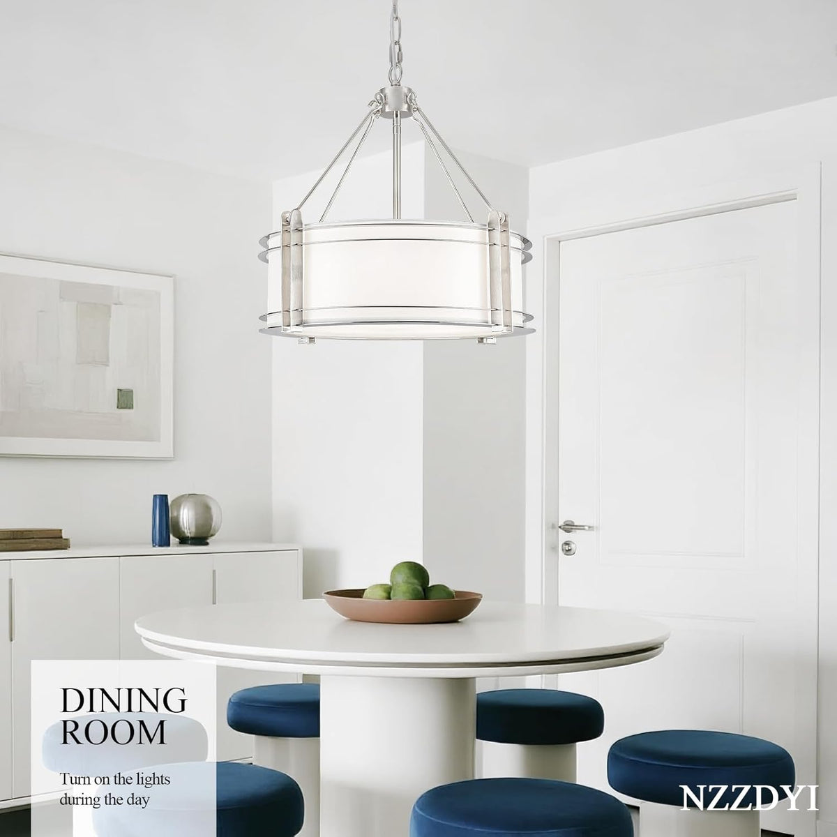 16.3''Drum Chandelier 3-Light Brushed Nickel Modern White Fabric Chandeliers Adjustable Drum Pendant Light for Dining Room Kitchen Island Hallway Living Bedroom