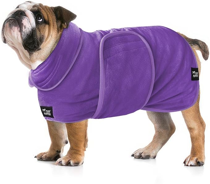 Tuff Pupper Fast Drying Dog Bath Robe | 800 GSM Plush Dog Towel Bathrobe/Dressing Gown | Super Absorbent Pet/Puppy Bathrobe | Adjustable Hood & Belly Strap | Super Soft | Fast Drying (L, Purple)