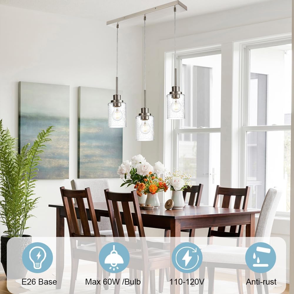 3-Light Farmhouse Chandelier Light Fixture Brushed Nickel Clear Seeded Glass Dining Room Hanging Modern Pendant Lighting Over Table,Traditional Ceiling Lights for Kitchen Island Entryway