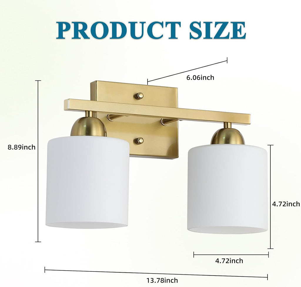 Stainless Steel Milk Glass Vanity Lights for Bathroom, 2 Light Gold Bathroom Light Fixtures Over Mirror, Ceramic E26 Sockets Wall Mounted