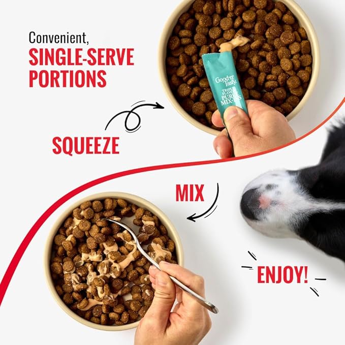 Good 'n' Tasty Triple Flavor Puree Mix-Ins Dog Food Topper Treats for All Dogs, 7 Count, Easy Single-Serve Portions, Added Protein with Tuna, Chicken and Duck