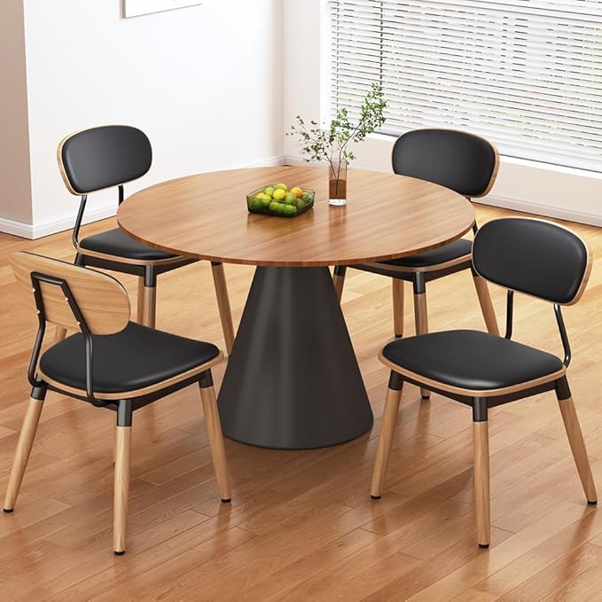 Dining Chairs Set of 4, Modern Faux Leather Upholstered Kitchen Chairs with Walnut Bentwood Back and Enlarged Seat Cushion, Metal Legs for Kitchen Dining Living Room, Restaurant