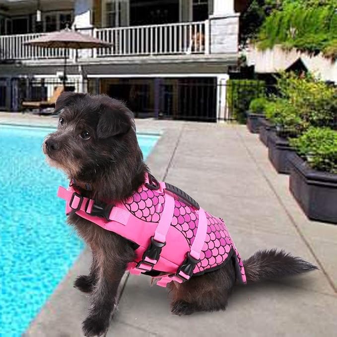 Dog Life Jacket Ripstop Shark Dog Safety Vest Adjustable Preserver with High Buoyancy and Durable Rescue Handle for Small,Medium,Large Dogs, Pink Fish Small