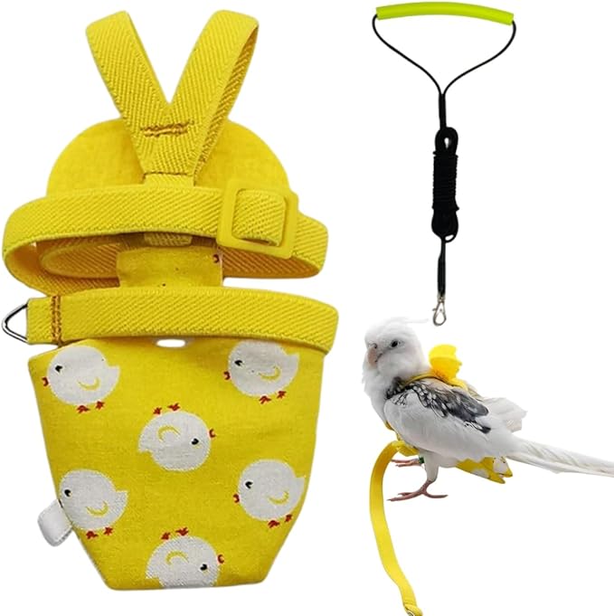 Adjustable Bird Diaper Harness Flight Suit Clothes with 80 Inch Flying Leash Rope for Parrots Conure Cockatiel (Yellow,Macaw)
