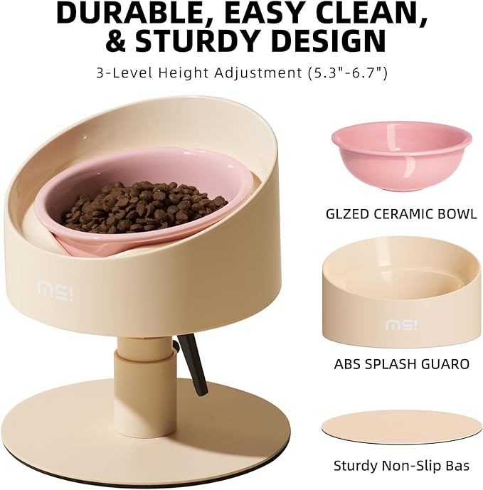 MS!MAKE SURE Adjustable Raised Cat Bowls, Ceramic Elevated Cat Bowls, Pet Bowl with Anti - Slip Rubber Pad, Leak - Proof, Lead & Cadmium Free, Whisker - Friendly, for All Life Stages of Age Pink