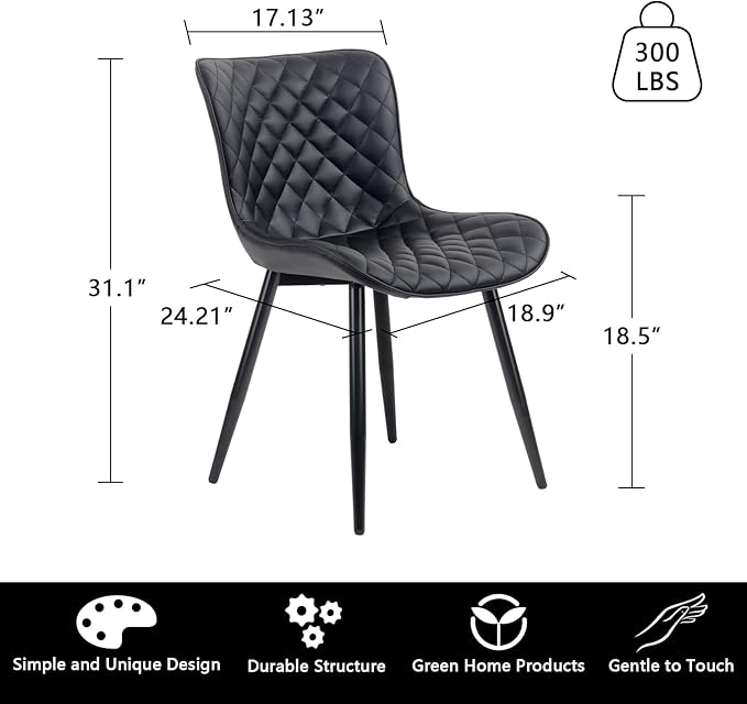 YOUTASTE Black Dining Chairs Set of 2, PU Leather Upholstered Mid-Century Modern Chair, with Thick Padded Back and Metal Legs, for Kitchen, Dining Room, Vanity, or Guest Waiting Room