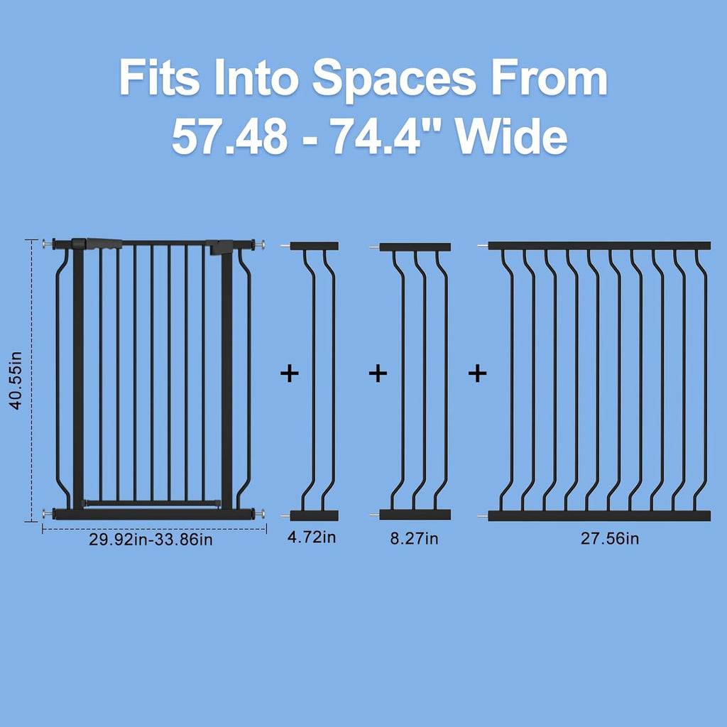 WAOWAO Extra Tall 40.55" Baby Gate 57.48-74.4" Wide Pressure Mounted Walk Through Swing Auto Close Safety Black Metal Toddler Child Dog Pet for Indoor Stairs,Doorways