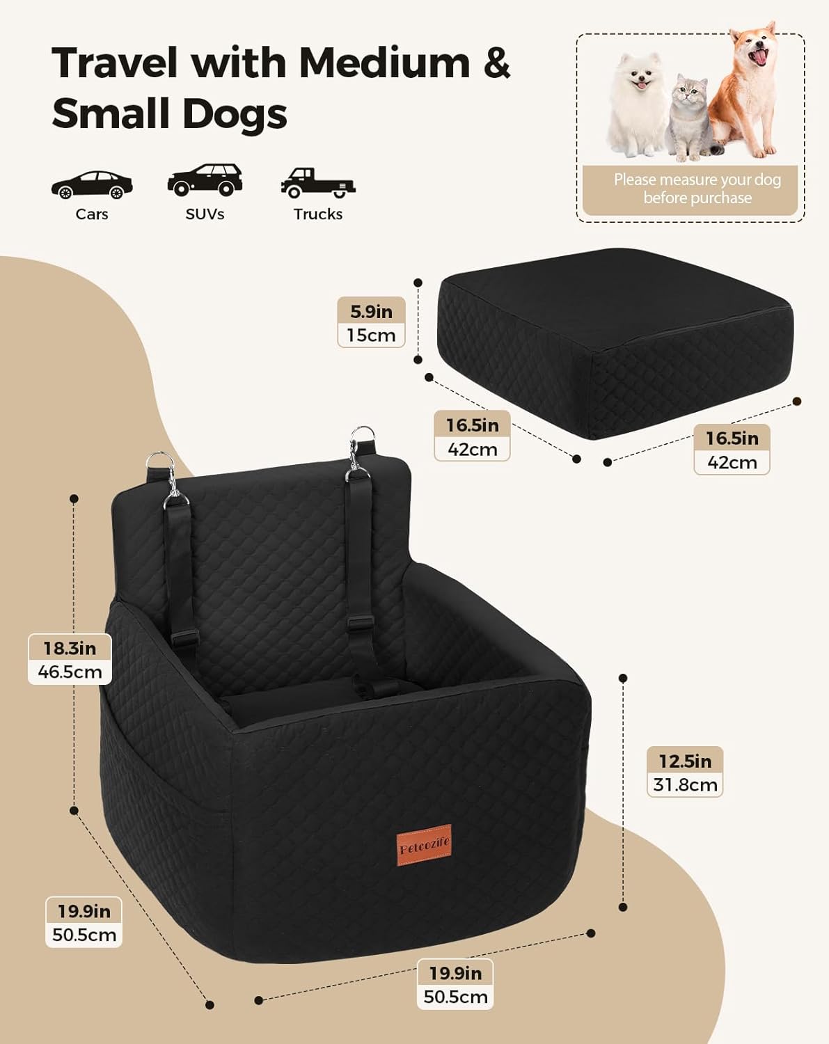 Dog Car Seat for Small & Medium Dogs Under 35lbs, Detachable & Washable Pet Car Seat, Interior Height 6 Inches Pet Travel Bed with Storage Pockets and 2 Dog Safety Belts (Black)