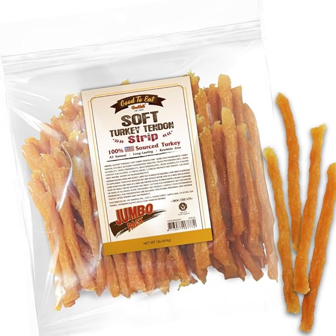 Gootoe Soft Turkey Tendon Stirip 1 lb, Natural Chewy Snack, USA-Sourced Turkey Tendon, Premium Training Chew, Hypoallergenic, Reseal Value Bag, Ideal for Small& Senior Dog, Jumbo Pack