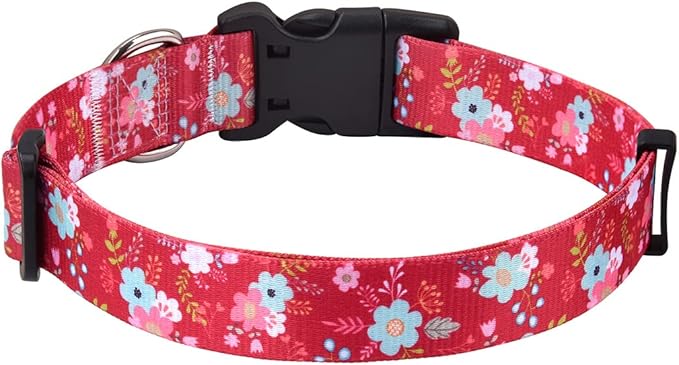 Dog Collar with Bohemia Floral Tribal Geometric Patterns - Soft Ethnic Style Collar Adjustable for Small Medium Large Dogs(Red Flower,L)