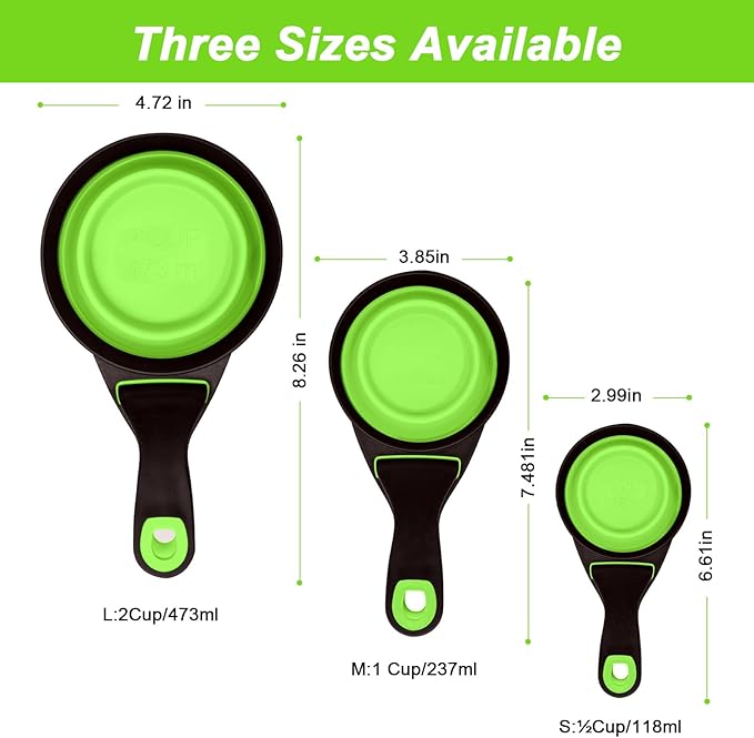 Collapsible Silicone Dog Food Scoop Foldable Pet Food Measuring Cup with Bag Clip 3 in 1 Multi-Function Silicone Dog Food Scooper (Green, Medium)