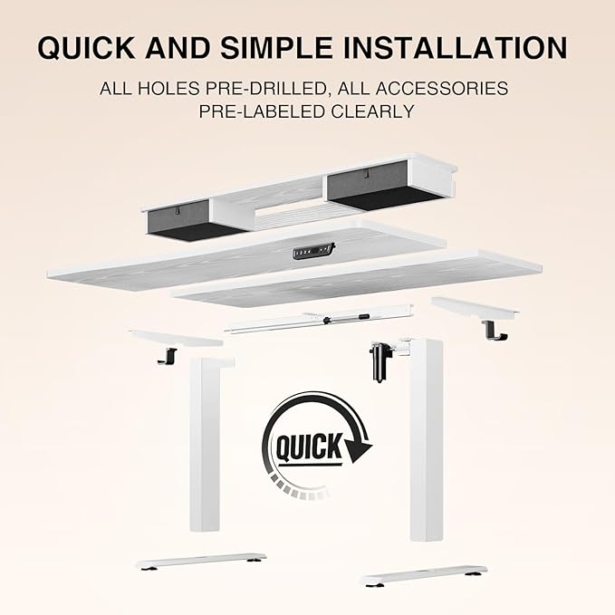 Veken 47.2"×27.6" Home Office Standing Desk with Monitor Riser, Adjustable Computer Desk with Drawers, Ergonomic Desk for Work, Study, Gaming, Crafting, White