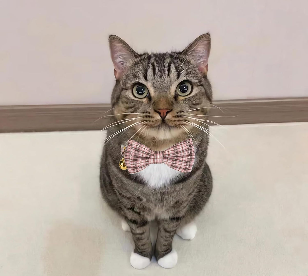 2 Pack Soft Cotton Cat Collars with Bowtie and Bell Breakaway Plaid Cat Kitten Collar(Pink and Jade Green)