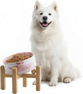 hjn Elevated Ceramic Dog Bowl 15°Slanted Raised Dog Bowl with Bamboo Stand for Small Medium Dogs and Cats, Pet Feeder -7.6-Cup (1800ml)-Marble Pink