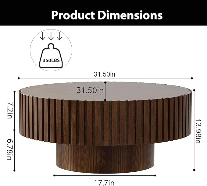 Round Coffee Table, Handcrafted Fluted Drum Coffee Tables Modern Wood Coffee Table Circle Drum Center Table for Living Room, Apartment (Round Brown)