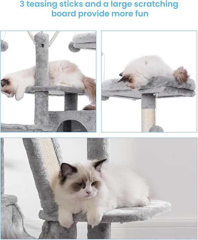 Hey-brother Cat Tree, 53 inch Cat Tower for Indoor Cats, Cat House with Padded Platform Bed, Toy Balls, Large Cozy Condo, Hammocks and Sisal Scratching Posts, Light Gray MPJ019-SW