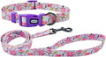 Dog Collar Leash Set, Floral Pattern, Polyester Material, Adjustable Collar and 5ft Matchcing Leash, for Medium Dogs.(M, Purple Lily)