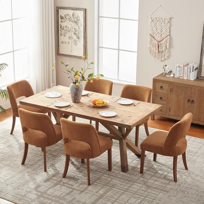 VKNOW Wooden Dining Chairs Set of 6, Modern Fabric Upholstered Dining Room Chair Kitchen Chairs, Farmhouse Dinner Chair for Kitchen Dining Room, Orange