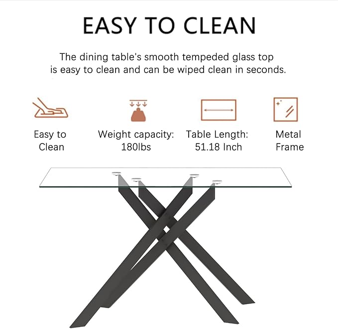 51" Rectangular Glass Dining Table Modern Kitchen Glass Top Table for 4 with Black Metal Legs, Clear Dining Table Kitchen Table for Home Office Dining Room