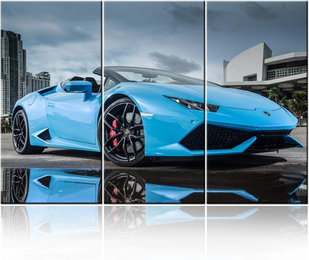 TUMOVO 3 Pieces Wall Art LP 610 4 Blue Supercar Painting Pictures Print On Canvas Car The Picture for Home Modern Decoration Stretched by Wooden Frame Ready to Hang - 40 x 20inch x 3 Panels