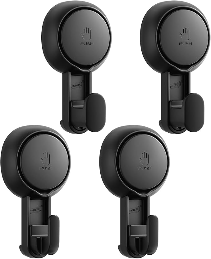 TAILI 4 Pack 360° Rotatable Powerful Suction Cup Shower Hooks for Towel, Loofah, Damage-free Hanging Versatile Wall Hooks for Inside Bathroom, Decoration, Removable Suction Holders, Easy to Use, Black