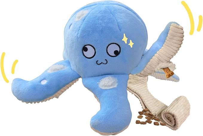 Dog Puzzle Toy, Interactive Snuffle Octopus Toy for Medium Large Dogs – Hide & Seek Treat Dispenser with Squeaky & Crinkle Sounds, Plush Chew Toy, Durable & Washable (Blue)