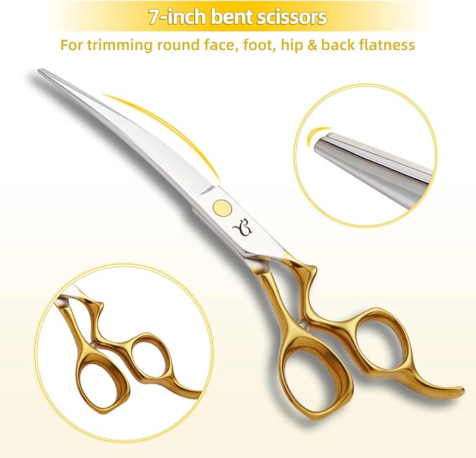 Dog Grooming Scissors,Curved Chunkers Shears Deg Grooming with Safety Round Tips, Sharp and Comfortable 4 in 1 Dog Scissers for Grooming