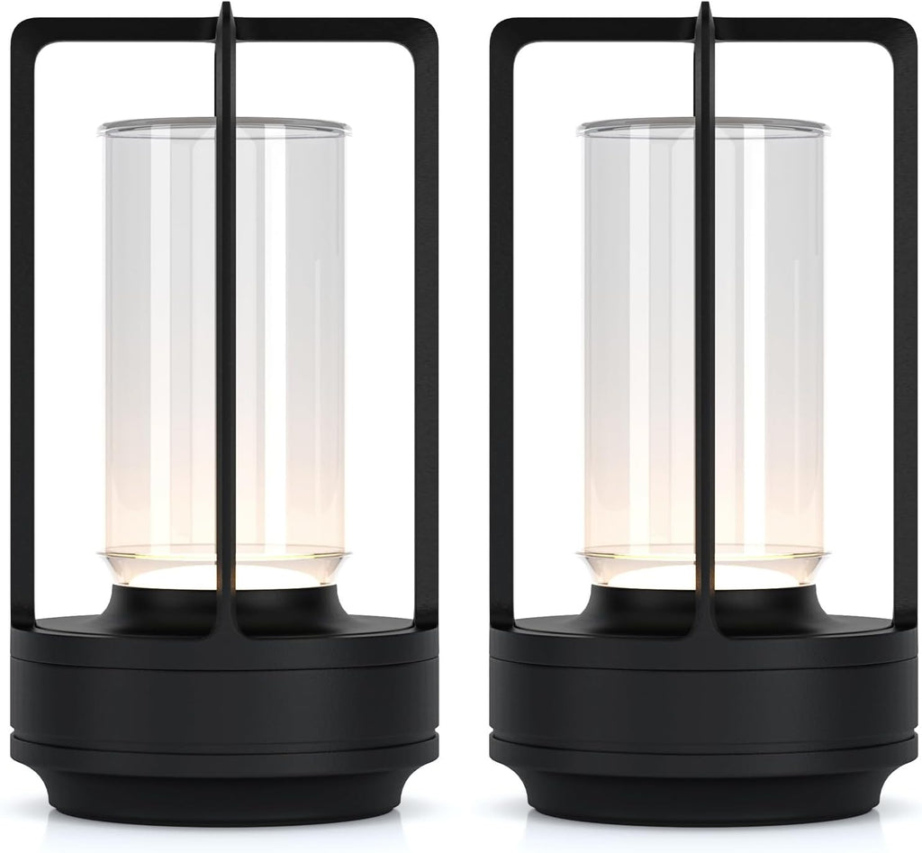 Portable Metal Table Lamp for Indoor/Outdoor ,Rechargeable Cordless LED Lamp, 3-Colour Infinitely Dimming Battery Powered Small Desk Lamp, Restaurant/Bedroom/Bar/Coffee/Camping Light (Black Set of 2)