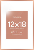 Homeforia 12x18 Picture Frame Rose Gold, High End Metal 12x18 Poster Frames with Mat 8.5x11 in Photo, 12 x 18 Rose Gold Frame Matted to 8.5 by 11 Print, 18x12 Frame, Tempered Glass, Wall Kit, Set of 1