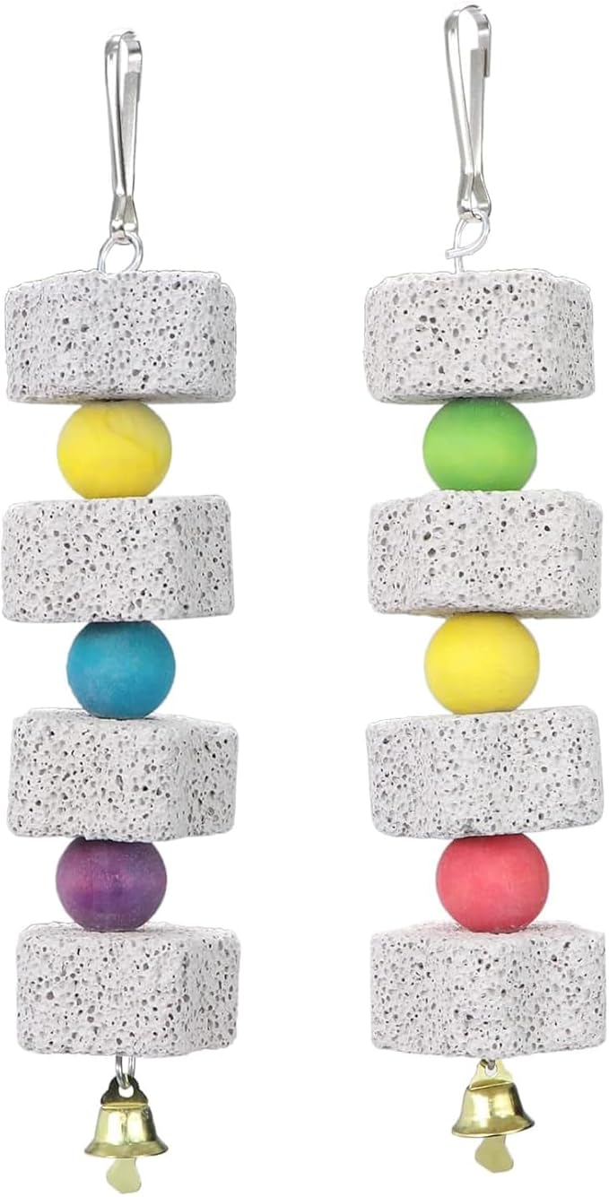 2Pcs Parrot Bird Chewing Toy, Bird Beak Grinding Stone with Bell, Lava Block Calcium Supplement Food for Cockatiel Parakeet Parrot Budgies Rat Hamster Chinchilla Rabbit Bunny African Grey